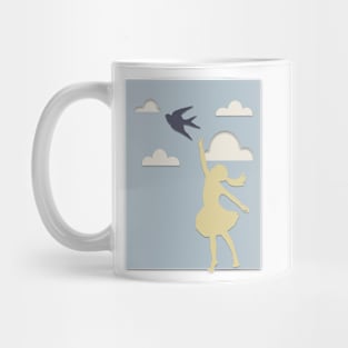 Paper cutout girl reaching for bird Mug